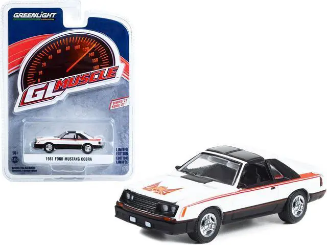 Main image of 1981 Ford Mustang Cobra Polar White and Black w/Red Stripes "Greenlight Muscle" Series 27 1/64 Diecast Model Car by Greenlight