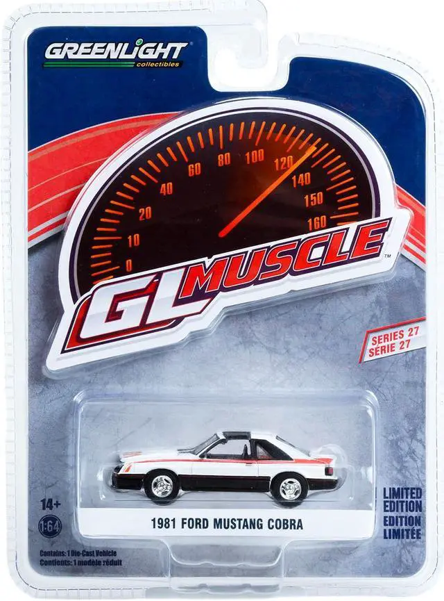 Alt view image 3 of 3 - 1981 Ford Mustang Cobra Polar White and Black w/Red Stripes "Greenlight Muscle" Series 27 1/64 Diecast Model Car by Greenlight