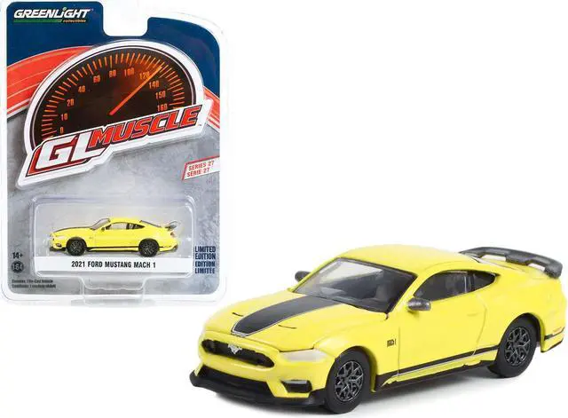Main image of 2021 Ford Mustang Mach 1 Grabber Yellow with Black Stripes "Greenlight Muscle" Series 27 1/64 Diecast Model Car by Greenlight