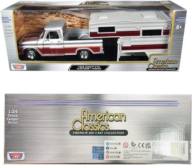 Alt view image 3 of 3 - 1966 Chevrolet C10 Fleetside Truck Silver Metallic with Brown with Camper "American Classics" 1/24 Diecast Model Car by Motormax
