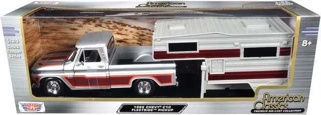 Main image of 1966 Chevrolet C10 Fleetside Truck Silver Metallic with Brown with Camper "American Classics" 1/24 Diecast Model Car by Motormax