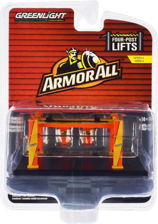 Alt view image 3 of 3 - Adjustable Four-Post Lift "ArmorAll" Orange and Yellow "Four-Post Lifts" Series 4 1/64 Diecast Model by Greenlight