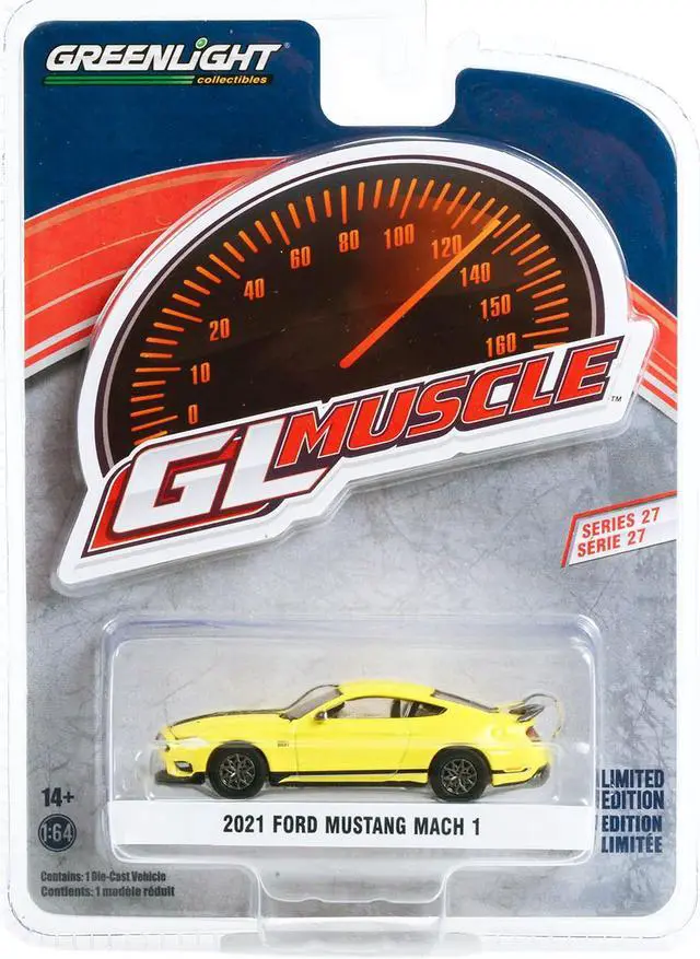 Alt view image 3 of 3 - 2021 Ford Mustang Mach 1 Grabber Yellow with Black Stripes "Greenlight Muscle" Series 27 1/64 Diecast Model Car by Greenlight