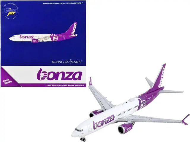 Main image of Boeing 737 MAX 8 Commercial Aircraft "Bonza Aviation" White and Purple 1/400 Diecast Model Airplane by GeminiJets