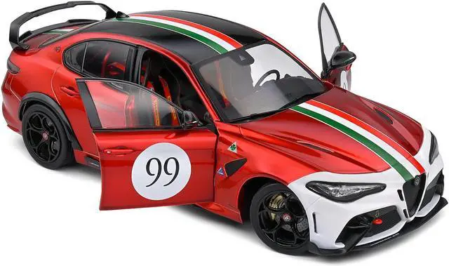 Alt view image 2 of 5 - 2022 Alfa Romeo Giulia GTAm #99 Red Metallic with Black Top and Italian Flag Stripes 1/18 Diecast Model Car by Solido