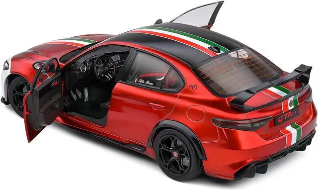 Alt view image 4 of 5 - 2022 Alfa Romeo Giulia GTAm #99 Red Metallic with Black Top and Italian Flag Stripes 1/18 Diecast Model Car by Solido