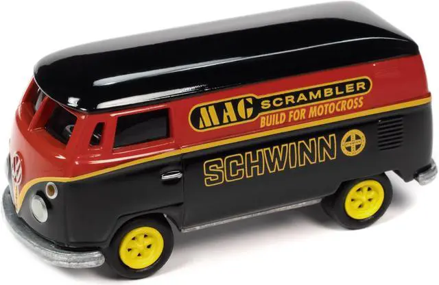 Alt view image 3 of 3 - 1965 Volkswagen Type 2 Van Black and Red and 1976 Ford Econoline Van White and Blue 1/64 Diecast Model Cars by Johnny Lightning