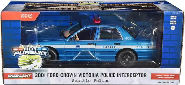 Alt view image 3 of 4 - 2001 Ford Crown Victoria Police Interceptor Blue Met. "Seattle Police Washington" 1/24 Diecast Model Car by Greenlight
