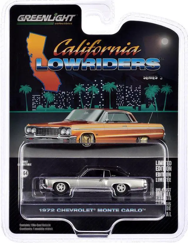 Alt view image 3 of 3 - 1972 Chevrolet Monte Carlo Lowrider Silver Metallic & Black "California Lowriders" Series 1/64 Die Cast Model Car by Greenlight