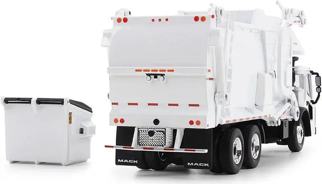 Alt view image 4 of 4 - Mack LR Refuse Garbage Truck with McNeilus Meridian Front Loader White with Trash Bin 1/64 Diecast Model by DCP/First Gear