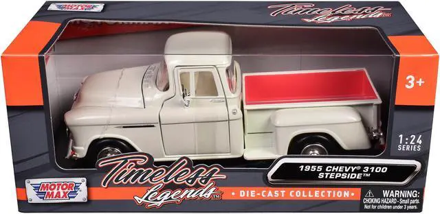 Main image of 1955 Chevrolet 3100 Stepside Pickup Truck Cream w/White Interior "Timeless Legends" Series 1/24 Die Cast Car Model by Motormax