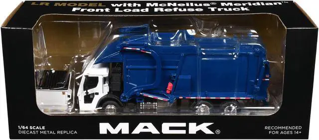 Alt view image 3 of 6 - Mack LR Refuse Garbage Truck with McNeilus Meridian Front Loader White & Blue w/Trash Bin 1/64 Diecast Model by DCP/First Gear