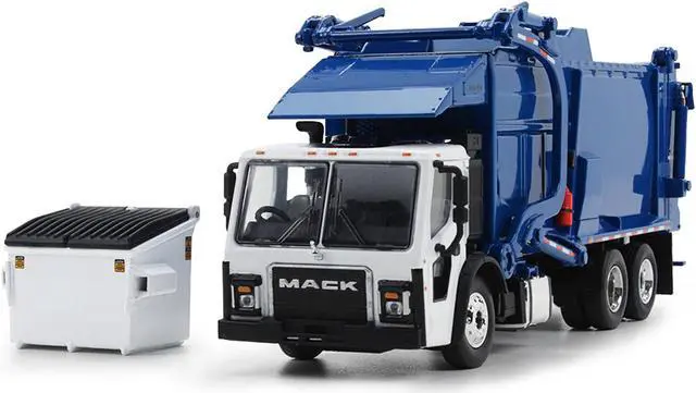 Alt view image 2 of 6 - Mack LR Refuse Garbage Truck with McNeilus Meridian Front Loader White & Blue w/Trash Bin 1/64 Diecast Model by DCP/First Gear