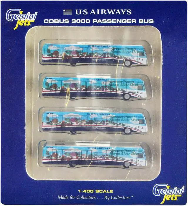 Main image of Cobus 3000 Passenger Bus White and Blue with Graphics "US Airways Shuttle Bus" 4 Piece Set 1/400 Diecast Models by GeminiJets