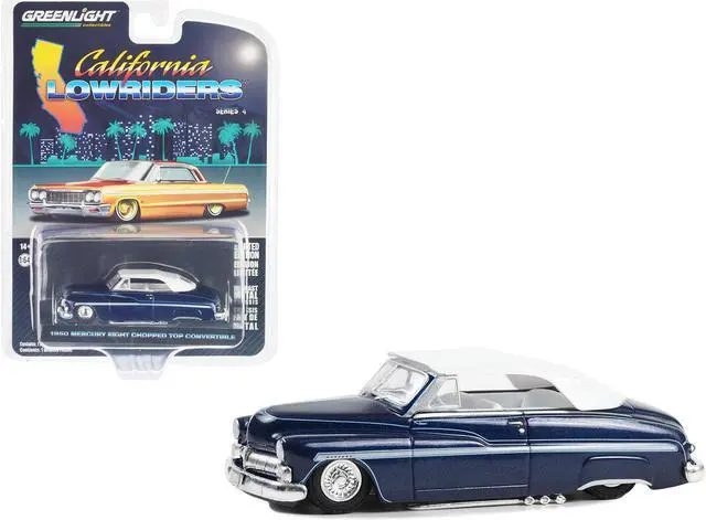 Main image of 1950 Mercury Eight Chopped Convertible Lowrider Dark Blue Met w/Light Blue & White Top 1/64 Diecast Model Car by Greenlight