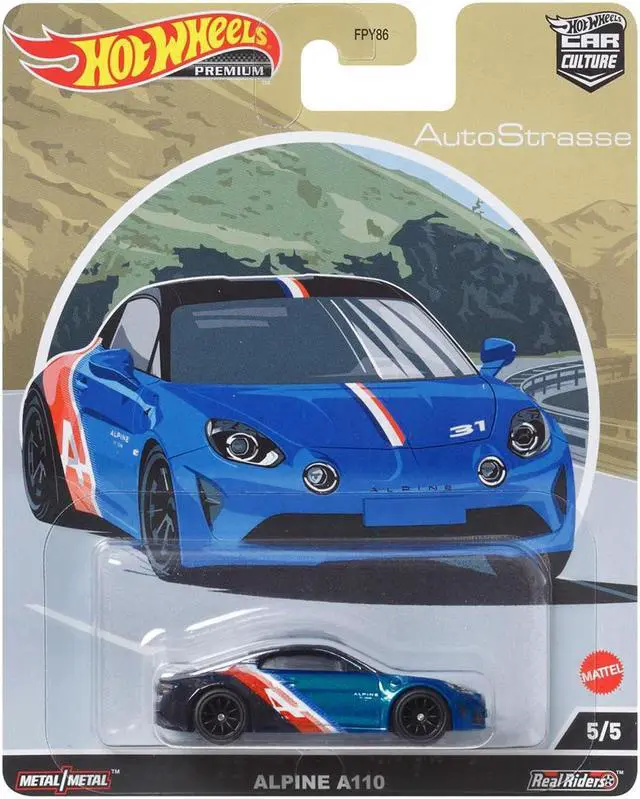 Main image of Alpine A110 Blue Metallic and Black with Graphics "Auto Strasse" Series Diecast Model Car by Hot Wheels