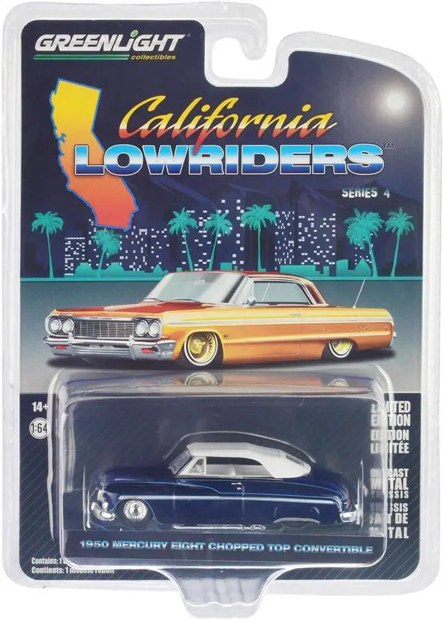 Alt view image 3 of 3 - 1950 Mercury Eight Chopped Convertible Lowrider Dark Blue Met w/Light Blue & White Top 1/64 Diecast Model Car by Greenlight