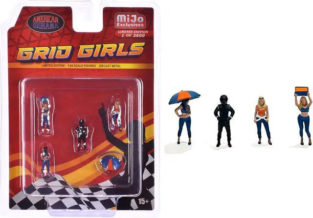 Main image of "Grid Girls" 5 piece Diecast Figure Set (4 Figures, 1 Umbrella) Ltd Ed to 3600 pieces for 1/64 Scale Models by American Diorama