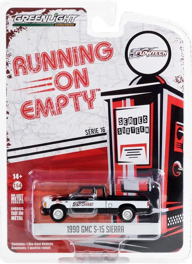 Alt view image 3 of 3 - 1990 GMC S-15 Sierra Pickup Truck Black and White with Flames "Flowtech Exhaust" 1/64 Diecast Model Car by Greenlight