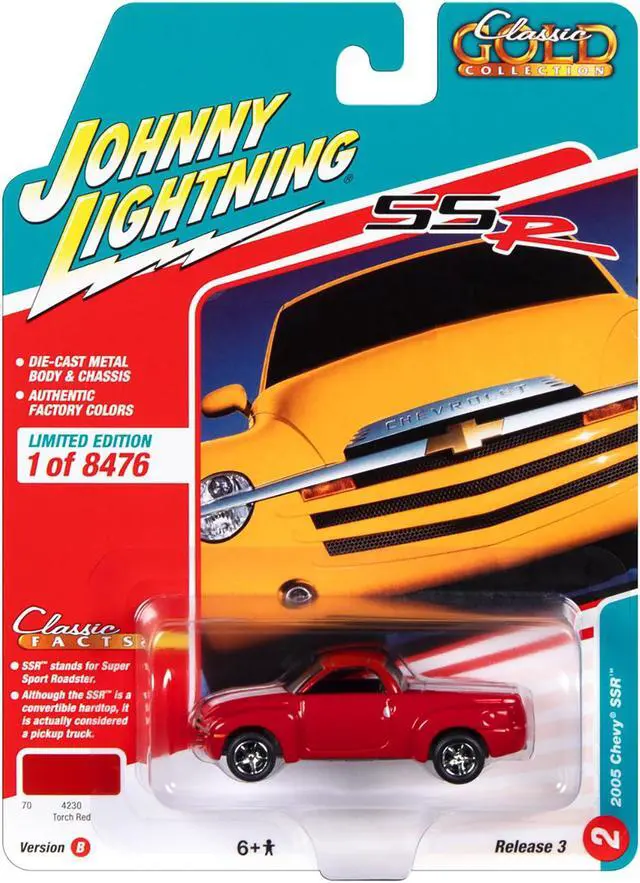 Alt view image 3 of 3 - 2005 Chevrolet SSR Pickup Truck Torch Red with White Stripes Ltd Ed to 8476 pieces 1/64 Diecast Model Car by Johnny Lightning