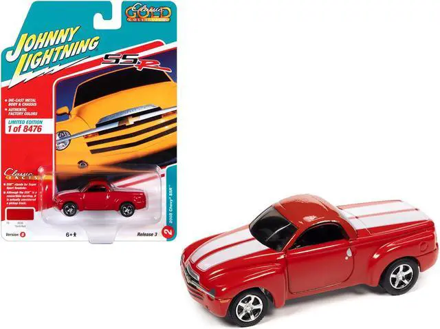 Main image of 2005 Chevrolet SSR Pickup Truck Torch Red with White Stripes Ltd Ed to 8476 pieces 1/64 Diecast Model Car by Johnny Lightning