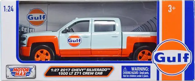 Main image of 2017 Chevrolet Silverado 1500 LT Z71 Crew Cab Truck Light Blue w/Orange "Gulf Die-Cast" 1/27 Diecast Model Car by Motormax