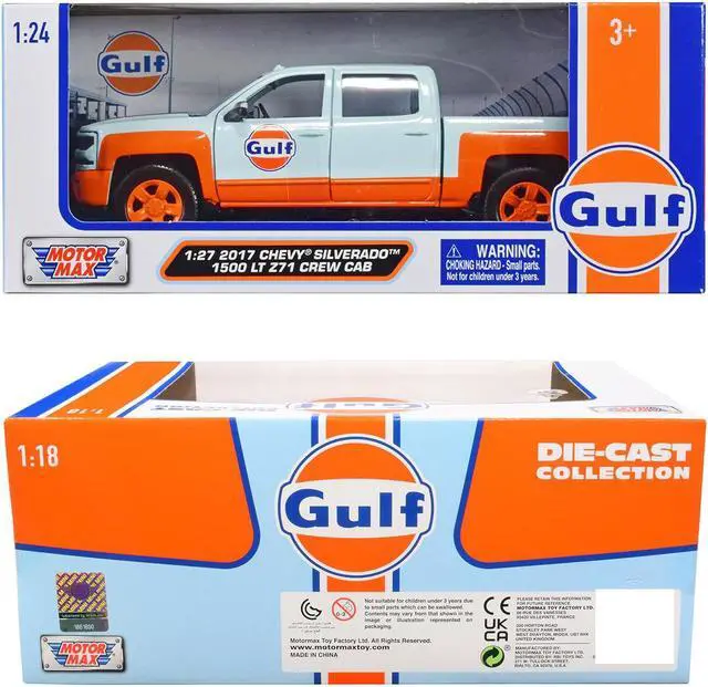 Alt view image 3 of 3 - 2017 Chevrolet Silverado 1500 LT Z71 Crew Cab Truck Light Blue w/Orange "Gulf Die-Cast" 1/27 Diecast Model Car by Motormax