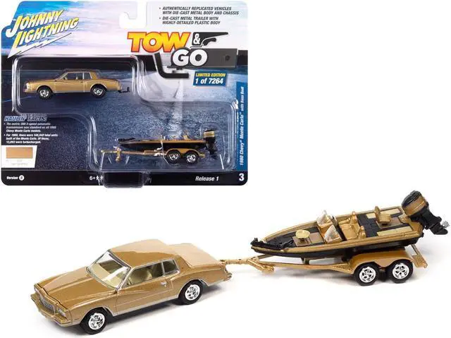 Main image of 1980 Chevrolet Monte Carlo Light Camel Gold Metallic with Bass Boat and Trailer 1/64 Diecast Model Car by Johnny Lightning