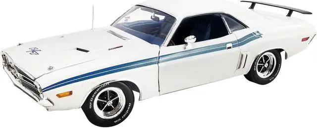 Main image of 1971 Dodge Challenger R/T 383 Magnum Brite White with Blue Stripes and Blue Interior Ltd Ed 1/18 Diecast Model Car by ACME