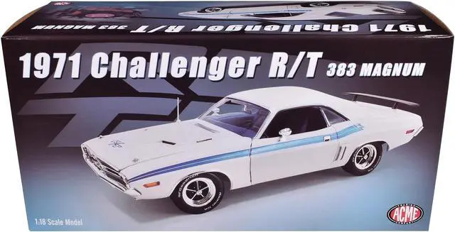 Alt view image 6 of 6 - 1971 Dodge Challenger R/T 383 Magnum Brite White with Blue Stripes and Blue Interior Ltd Ed 1/18 Diecast Model Car by ACME