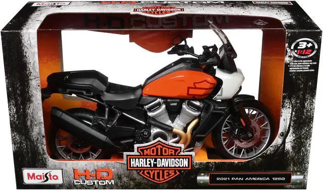 Alt view image 3 of 3 - 2021 Harley Davidson Pan America 1250 Motorcycle Orange and Black "H-D Custom" 1/12 Diecast Model by Maisto