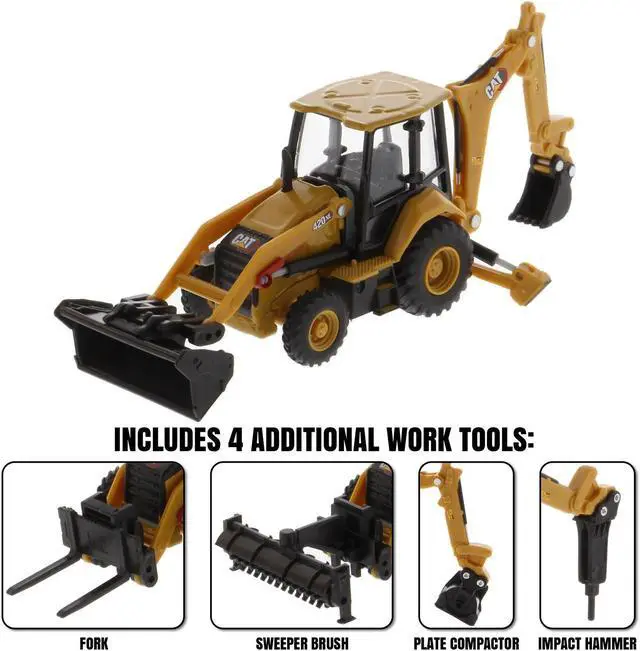Alt view image 2 of 5 - CAT Caterpillar 420 XE Backhoe Loader with Work Tools Yellow 1/64 Diecast Model made by Diecast Masters
