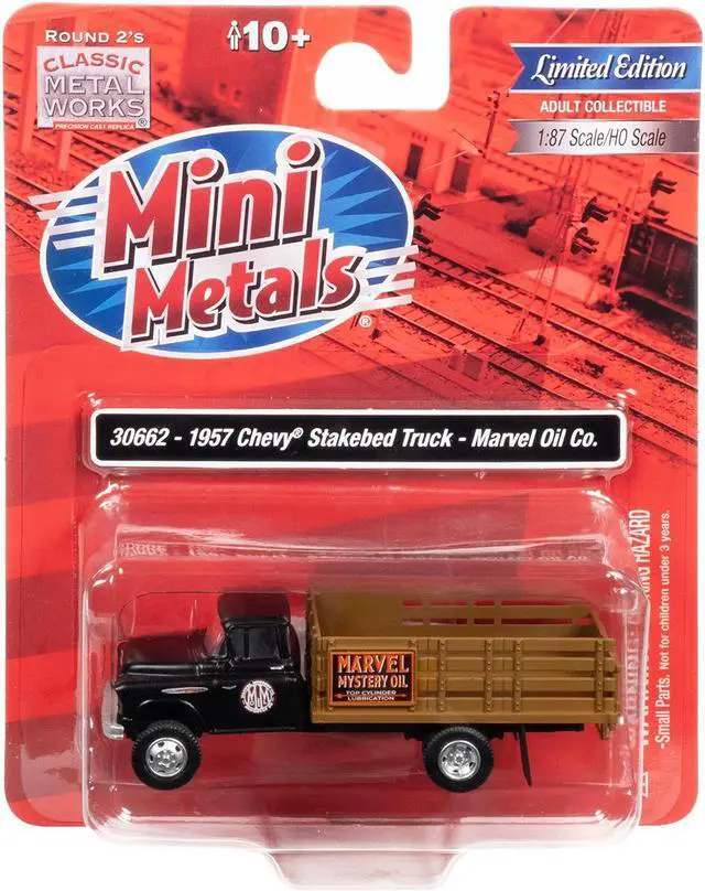 Alt view image 3 of 4 - 1957 Chevrolet Stakebed Truck Matt Black "Marvel Mystery Oil Co." 1/87 (HO) Scale Model Car by Classic Metal Works