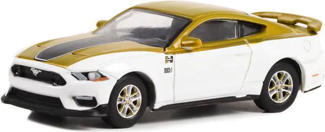 Alt view image 2 of 3 - 2021 Ford Mustang Mach 1 White & Gold w/Black Stripe "Hurst Performance" "Running on Empty" 1/64 Diecast Model Car by Greenlight