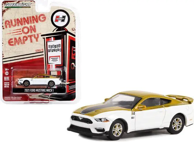 Main image of 2021 Ford Mustang Mach 1 White & Gold w/Black Stripe "Hurst Performance" "Running on Empty" 1/64 Diecast Model Car by Greenlight
