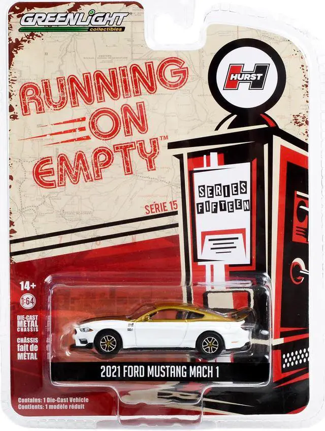 Alt view image 3 of 3 - 2021 Ford Mustang Mach 1 White & Gold w/Black Stripe "Hurst Performance" "Running on Empty" 1/64 Diecast Model Car by Greenlight