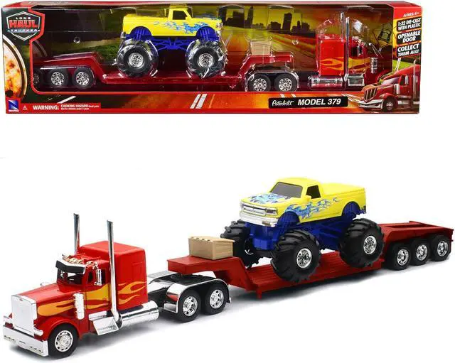 Main image of Peterbilt 379 Truck with Lowboy Trailer Red w/Orange Flames and Monster Truck Yellow w/Blue Flames 1/32 Diecast Model by New Ray