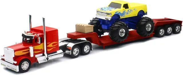 Alt view image 2 of 6 - Peterbilt 379 Truck with Lowboy Trailer Red w/Orange Flames and Monster Truck Yellow w/Blue Flames 1/32 Diecast Model by New Ray