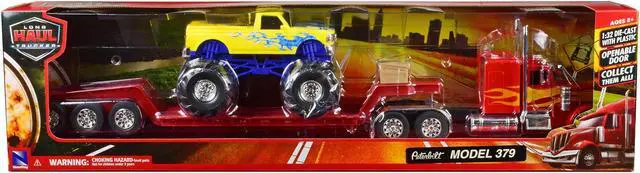 Alt view image 3 of 6 - Peterbilt 379 Truck with Lowboy Trailer Red w/Orange Flames and Monster Truck Yellow w/Blue Flames 1/32 Diecast Model by New Ray