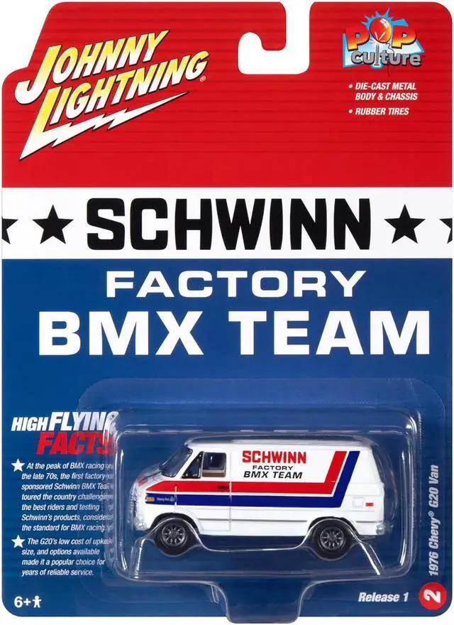 Alt view image 3 of 3 - 1976 Chevrolet G20 Van White with Stripes "Schwinn Factory BMX Team" "Pop Culture" 1/64 Diecast Model Car by Johnny Lightning