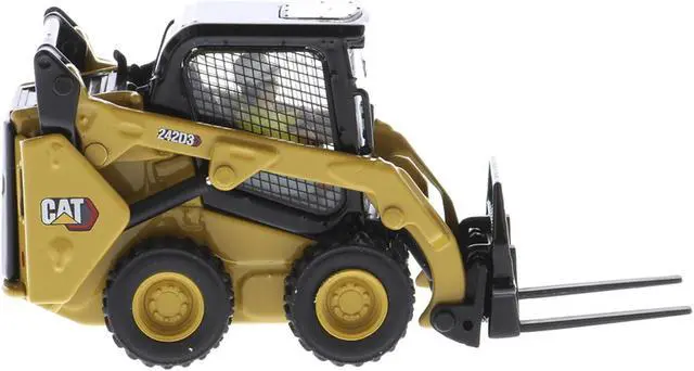 Alt view image 2 of 11 - CAT Caterpillar 242D3 Wheeled Skid Steer Loader w/Work Tools and Operator Yellow 1/50 Diecast Model made by Diecast Masters
