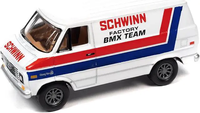 Alt view image 2 of 3 - 1976 Chevrolet G20 Van White with Stripes "Schwinn Factory BMX Team" "Pop Culture" 1/64 Diecast Model Car by Johnny Lightning
