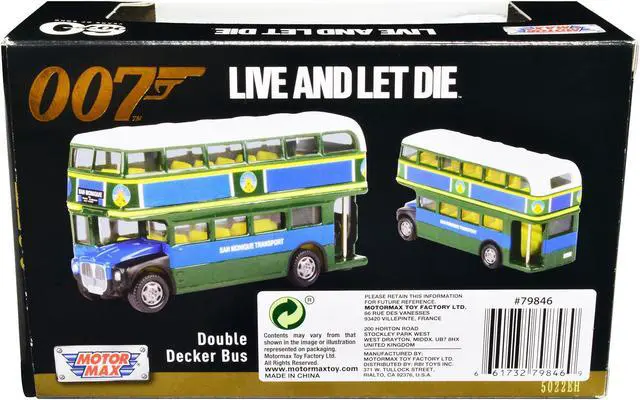 Alt view image 2 of 3 - Double Decker Bus "San Monique Transport" James Bond 007 "Live and Let Die" (1973) Movie Diecast Model Car by Motormax