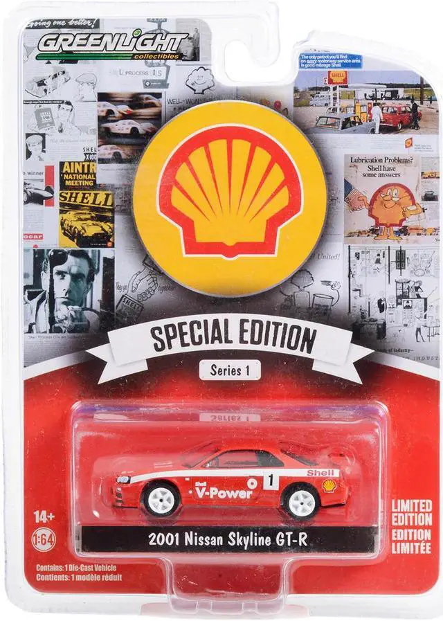 Alt view image 3 of 3 - 2001 Nissan Skyline GT-R (R34) #1 Red w/White Stripes "Shell Racing" "Shell Oil Special Ed" 1/64 Diecast Model Car by Greenlight