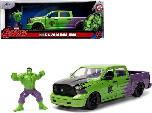 Main image of 2014 RAM 1500 Pickup Truck Green and Purple and Hulk Diecast Figure "Marvel Avengers" 1/24 Diecast Model Car by Jada