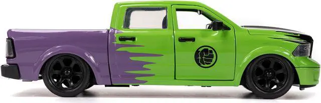 Alt view image 3 of 11 - 2014 RAM 1500 Pickup Truck Green and Purple and Hulk Diecast Figure "Marvel Avengers" 1/24 Diecast Model Car by Jada
