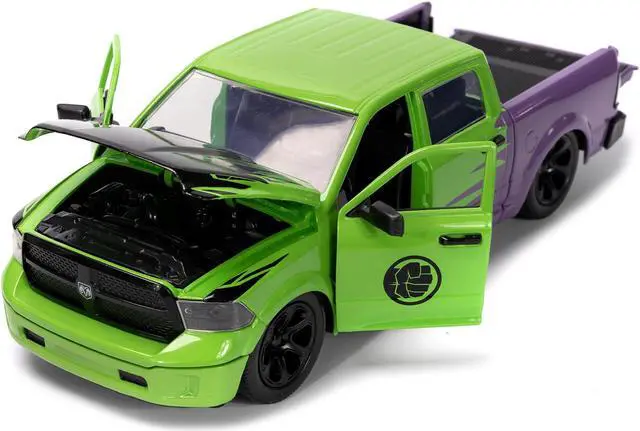 Alt view image 2 of 11 - 2014 RAM 1500 Pickup Truck Green and Purple and Hulk Diecast Figure "Marvel Avengers" 1/24 Diecast Model Car by Jada