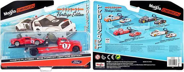 Alt view image 3 of 3 - 2018 Ford GT #1 Heritage Edition with Flatbed Truck Red with White Stripes "Elite Transport" 1/64 Diecast Model Cars by Maisto