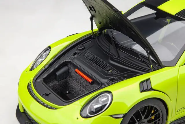 Alt view image 3 of 11 - Porsche 911 (991.2) GT2 RS Weissach Package Acid Green with Carbon Stripes 1/18 Model Car by Autoart