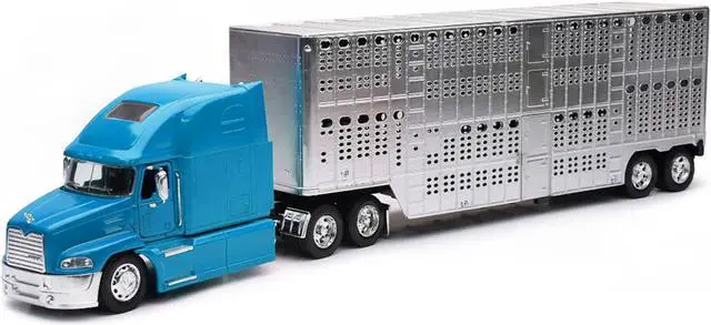 Alt view image 2 of 3 - Mack Pinnacle Truck with Pot Belly Livestock Trailer Blue and Chrome "Long Haul Truckers" Series 1/32 Diecast Model by New Ray